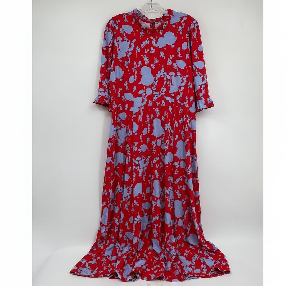 Boden Red Blue Floral Maxi Dress with Ruffle Trim | Womens 12